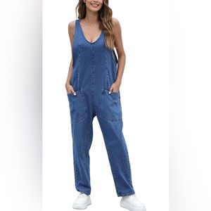 High Roller Denim Jumpsuits Sleeveless Loose Baggy Overalls Jumpers with Pockets